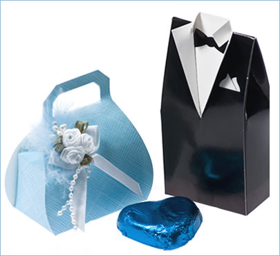 His and her blue favours with matching blue foil wrapped heart shaped tablet.